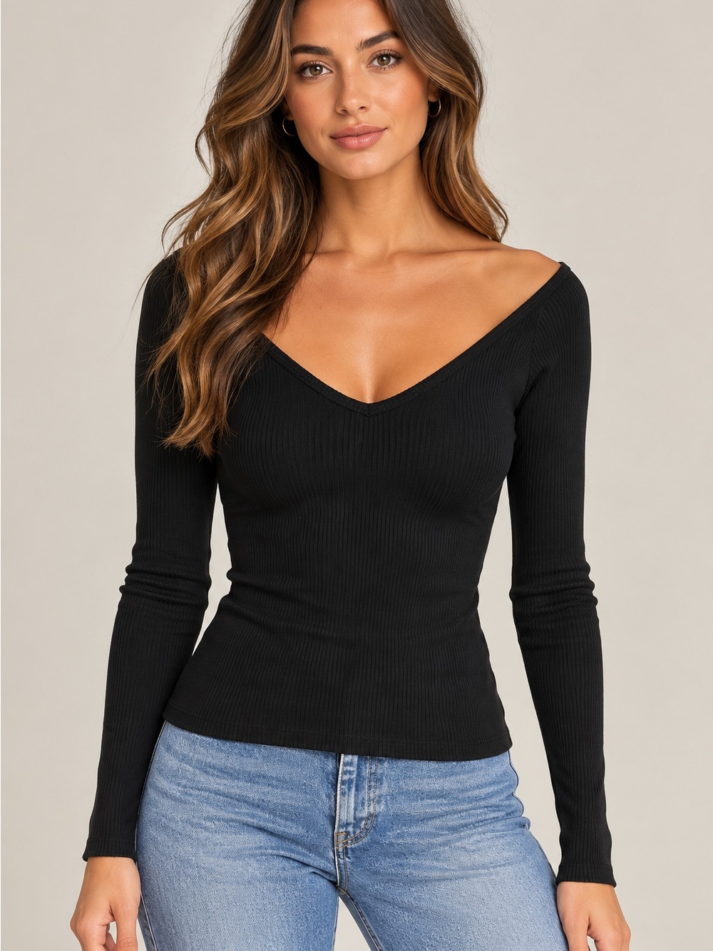 Express One Eleven Women’s Black Ribbed Off Shoulder V-Neck Top Size S